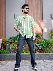 Popcorn Knit Vertical Stripe Green Half Sleeve Shirt