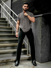 Ribbed FlatKnit Grey Half Sleeve Shirt