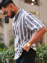 Terry Vertical Stripes Grey Half Sleeve Shirt