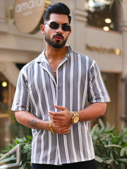 Terry Vertical Stripes Grey Half Sleeve Shirt