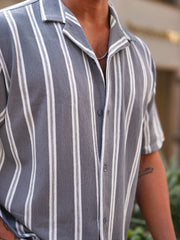 Terry Vertical Stripes Grey Half Sleeve Shirt