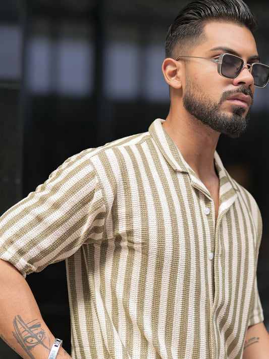 Waffle Flatknit Cotton Green Half Sleeve Shirt