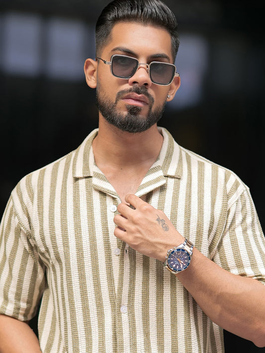 Waffle Flatknit Cotton Green Half Sleeve Shirt