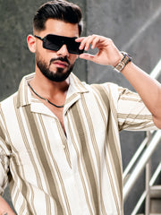 Barcode Stripe Grayish Brown Half Sleeve Shirt