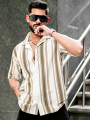 Barcode Stripe Grayish Brown Half Sleeve Shirt
