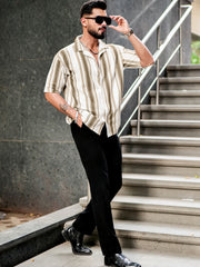 Barcode Stripe Grayish Brown Half Sleeve Shirt