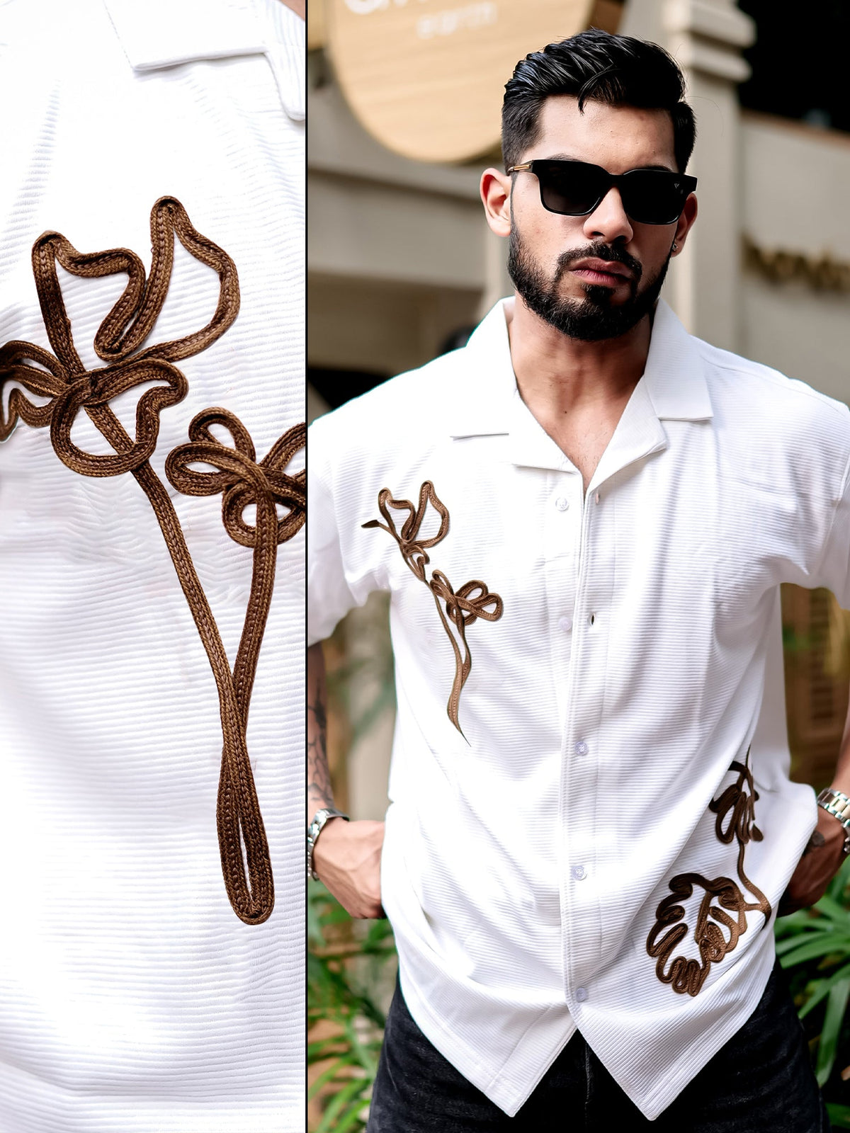 Half white half sleeve leaf embroidery cotton shirt for men