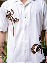 Leaf Embroidery Half White Cotton Half Sleeve Shirt