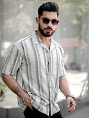 Tweed Vertical Stripe Green Half Sleeve Shirt