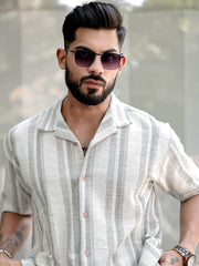 Tweed Vertical Stripe Grey Half Sleeve Shirt