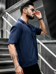 Mesh Knit Navy Half Sleeve Shirt