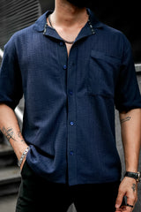 Mesh Knit Navy Half Sleeve Shirt