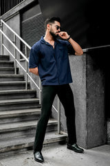 Mesh Knit Navy Half Sleeve Shirt