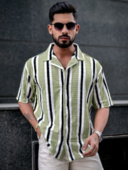 Vertical Jacquard Knit Olive Grey Half Sleeve Shirt