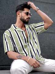 Vertical Jacquard Knit Olive Grey Half Sleeve Shirt