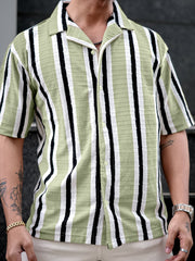 Vertical Jacquard Knit Olive Grey Half Sleeve Shirt