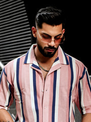 Roman Stripe Pink Half Sleeve Shirt