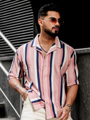 Roman Stripe Pink Half Sleeve Shirt