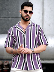 Vertical Jacquard Knit Purple Half Sleeve Shirt