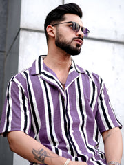 Vertical Jacquard Knit Purple Half Sleeve Shirt