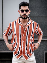 Vertical Jacquard Knit Rust Half Sleeve Shirt