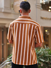 Terry Vertical Stripes Rust Half Sleeve Shirt