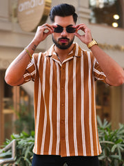 Terry Vertical Stripes Rust Half Sleeve Shirt