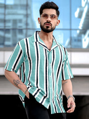 Vertical Jacquard Knit SeaBlue Half Sleeve Shirt