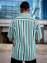 Vertical Jacquard Knit SeaBlue Half Sleeve Shirt