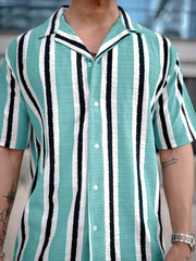 Vertical Jacquard Knit SeaBlue Half Sleeve Shirt