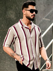 Roman Stripe Tan Half Sleeve Shirt