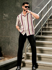 Roman Stripe Tan Half Sleeve Shirt