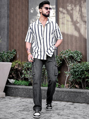 Popcorn Knit Vertical Stripe White Half Sleeve Shirt