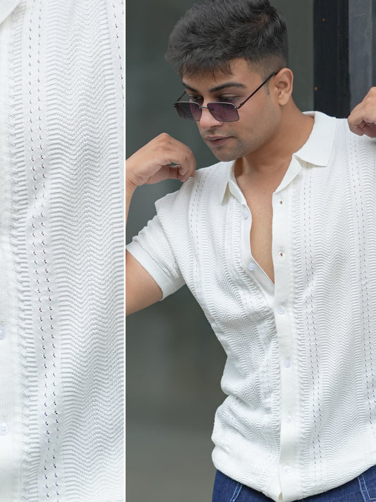 Ribbed FlatKnit White Half Sleeve Shirt