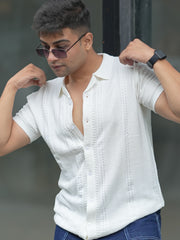 Ribbed FlatKnit White Half Sleeve Shirt