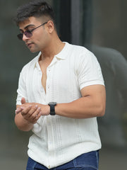 Ribbed FlatKnit White Half Sleeve Shirt