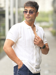 Ribbed FlatKnit White Half Sleeve Shirt