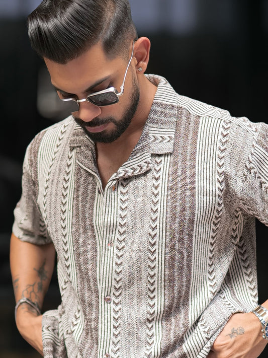 Tribal Brown Knitted Half Sleeve Shirt