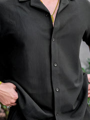 Cord Knit Textured Black Half Sleeve Shirt
