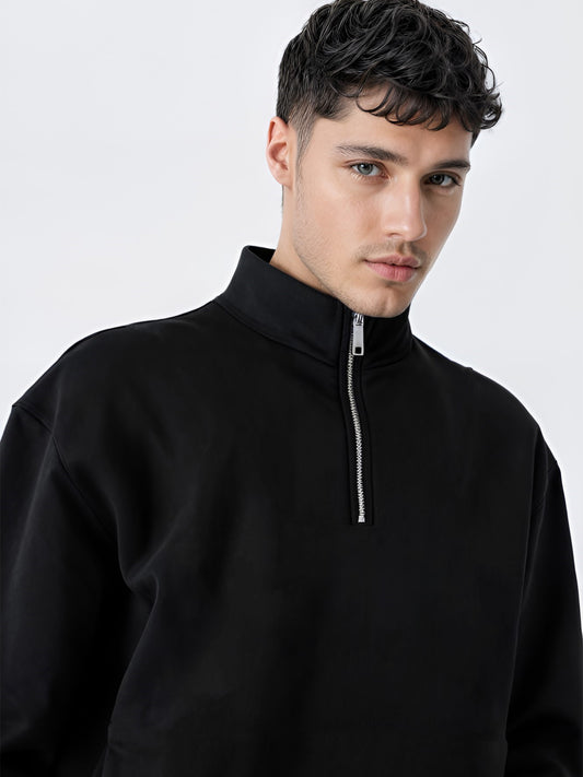 Half Zipper Black Full Sleeve Sweatshirt