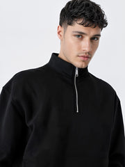 Half Zipper Black Full Sleeve Sweatshirt