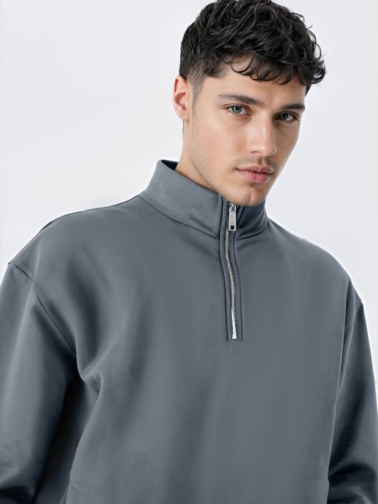 Half Zipper Light Grey Full Sleeve Sweatshirt