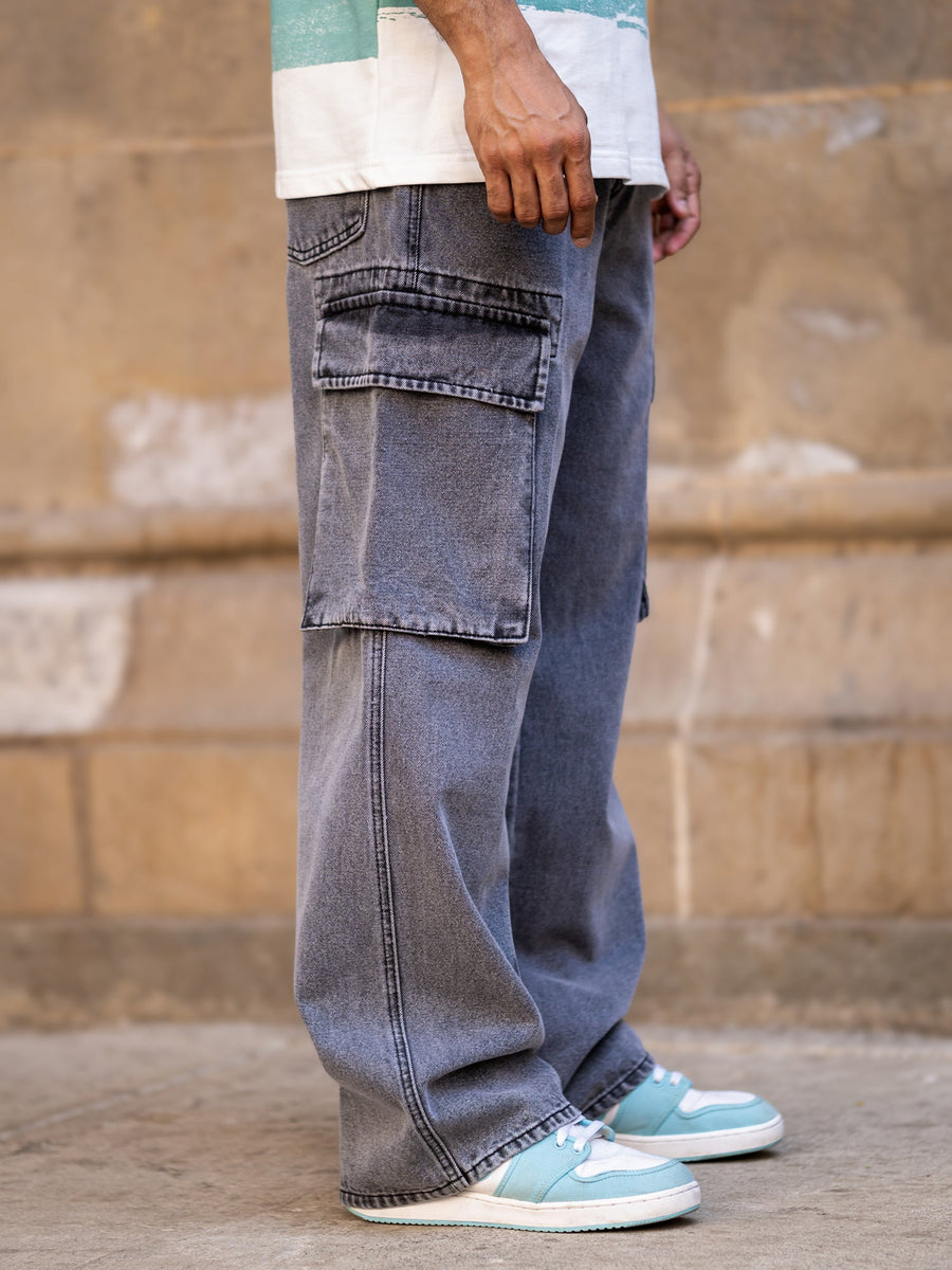 Grey baggy shadow cargo jeans for men - view 6