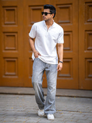 Solid White High Neck Half Sleeve Tshirt