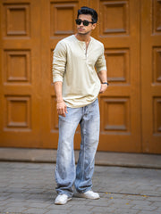 Waffle Beige Henley Full Sleeve Tshirt