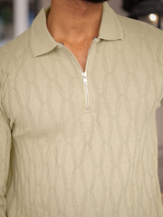 Angular Knit Beige Full Sleeve Polo T-Shirt