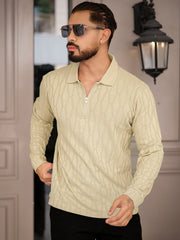 Angular Knit Beige Full Sleeve Polo T-Shirt