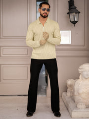 Angular Knit Beige Full Sleeve Polo T-Shirt