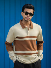 Block Panel Beige Full Sleeve Polo T-Shirt