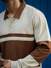 Block Panel Beige Full Sleeve Polo T-Shirt